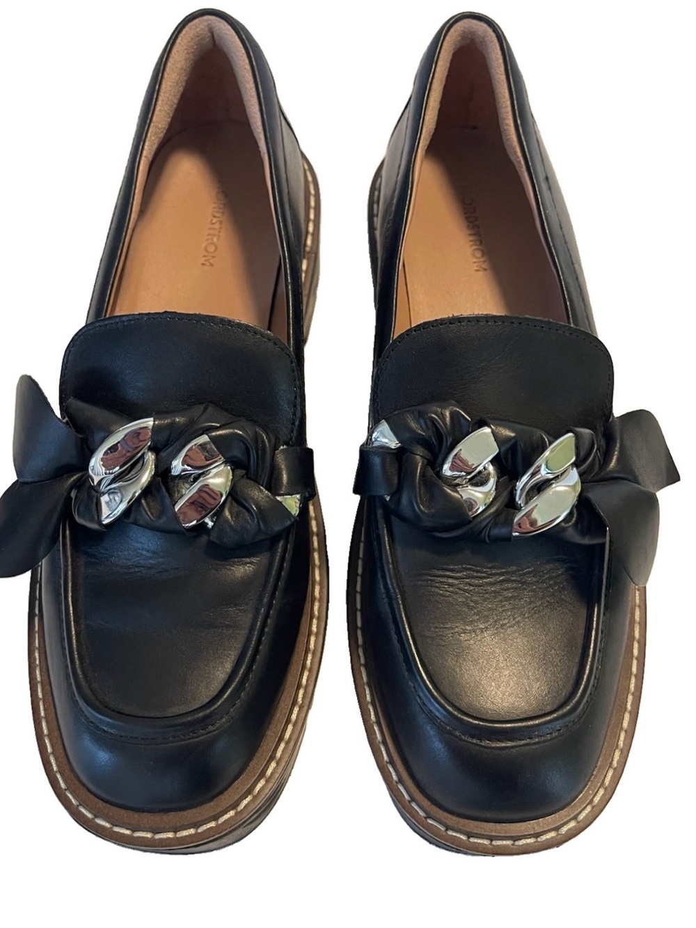 Nordstrom Loafers Chunky Platform Leather Size 7 Silver Chain Hardware - Picture 3 of 16